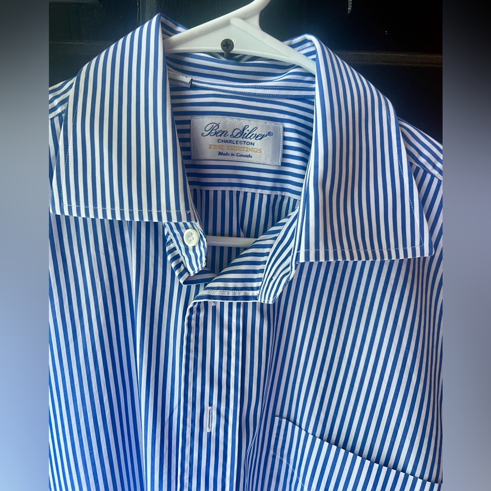 Ben Silver Men’s Blue Dress Shirt with Stripes, Classic Fit, Size 17x35